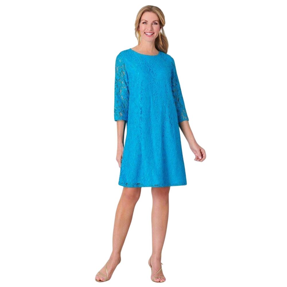 Caroline Rose Turquoise Floral Lace Lined Knee Dress Size S